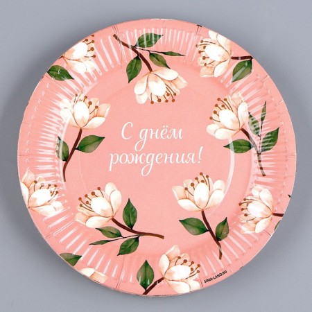 Disposable paper plate "Happy birthday", flowers, 18 cm-1