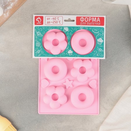 The form for baking the share "Sweets. Donut and chamomile ”, silicone, 25.5 × 17.5 cm, 6 cells, color mix-3