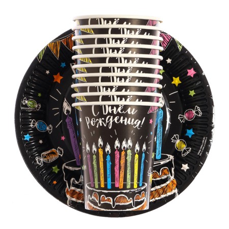 A set of paper utensils "Cake", 10 glasses, 10 plates-1