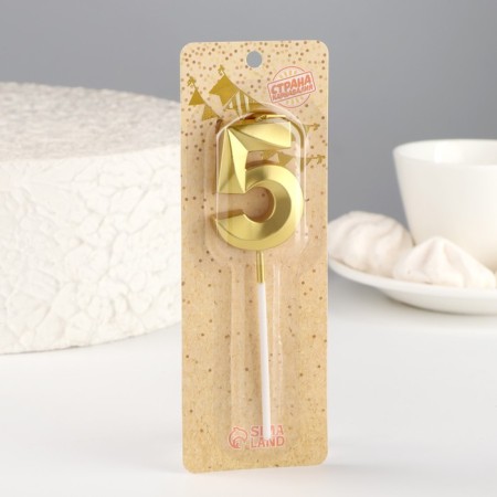 Candle in the cake on the “line” skewer, the number “5”, gold, 5 cm-4