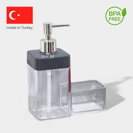 A soap dispenser with a stand, 15.5 × 7.3 × 19 cm, the color is transparent/gray