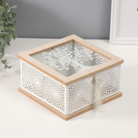 Casket wood, metal with divisions "wood and sunny patterns" 18.3x18.3x10 cm
