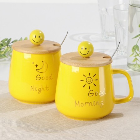 Ceramic mug "Smile", 350 ml, with a wooden lid and spoon, color and pattern mix-10