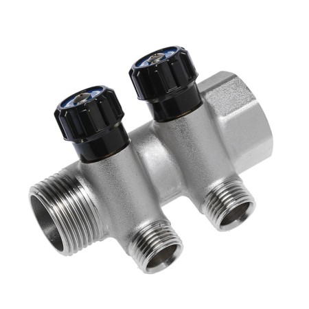 Collector "STM" Profi, with valves, 1 "x1/2", 2 outputs, nickel.