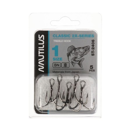 The triple hook Nautilus Treble 2x-Series 2406, BN color, No. 1, 5 pcs.