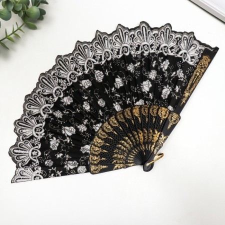 Fan plastic, textile "Solder of flowers" with gold mix 23 cm-2