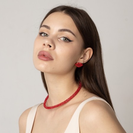 Earrings with rhinestones "Role" lips, red color-3