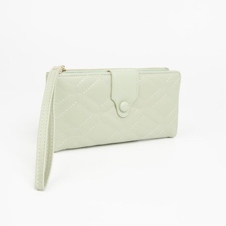 Women's wallet on a button, with a pen, green color