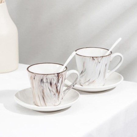 Tea ceramic tea on a metal stand “Marble”, 6 objects: 2 cups 200 ml, 2 saucers d = 14 cm, 2 spoons-1