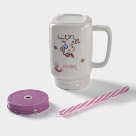 Ceramic mug with a metal lid and a unicorn tube, 450 ml, color mix-4