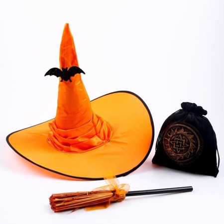 Carnival set "Magic", orange hat, broom, bag-4