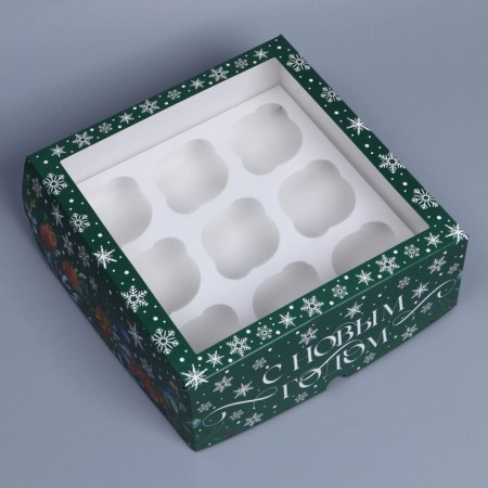 Folding box for 9 cupcakes with the Winter Garden window, 25 x 25 x 10 cm, New Year-2