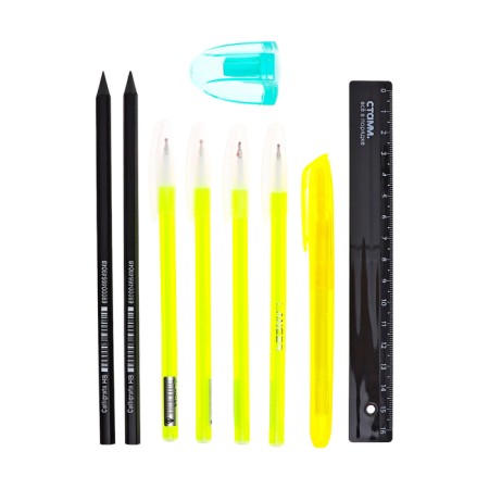 Cleaning set 10 objects (pencil case 65 x 210 mm, pens 4 pieces Blue, ruler 15 cm, sharpener, pencil 2 pieces, textbook), gray-8