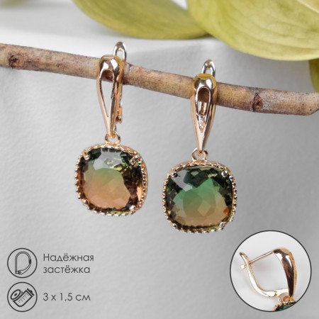 Earrings with “Illusion” rhinestones, a smooth square, brown-green color in gold