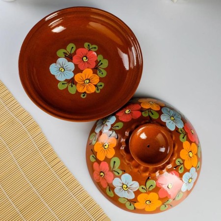 Set for pancakes 7 items: 1 pc. Pancake, 6 pcs. plates, with painting, multi -flowers-5