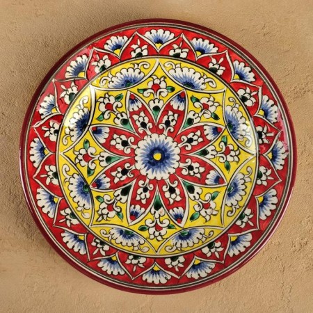Plate of the Rishtan ceramics "Kalam", 23 cm, red-yellow, Mix patterns-1