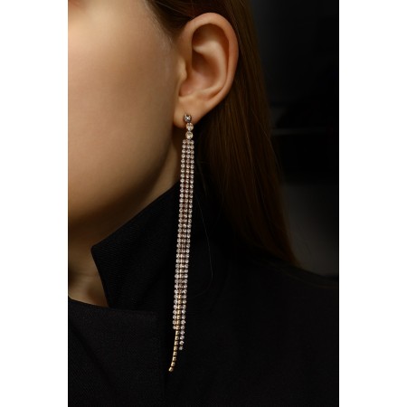 Hanging earrings with rhinestones "drops" three threads, white color in gold, 14 cm-5