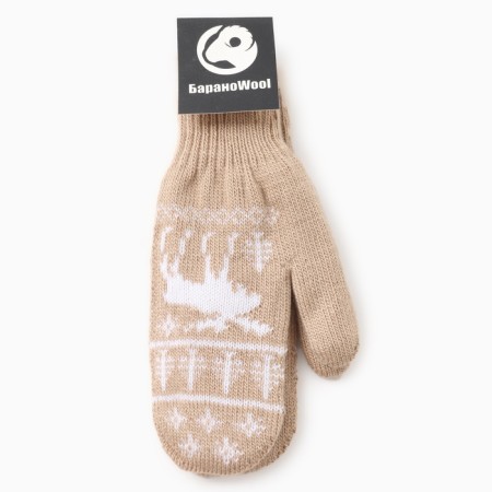 New Year. Double female mittens "deer", light brown color, river 18-3