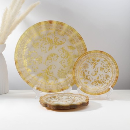 Set of table "Plant pattern", 7 objects: D = 30 cm - 1 pc, d = 18 cm - 6 pcs, beige color with golden
