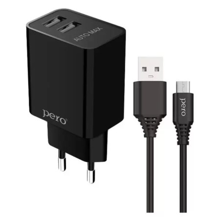 Network charger PERO TC02, 2 USB, 2.1 A, MicroUSB cable, black