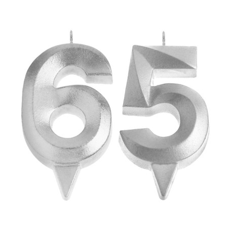 Candle in the cake jubilee "line" (set 2 in 1), number 65 /56, silver metallic, 6.5 cm-2