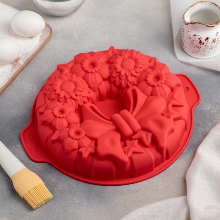 The form for baking the share "German cupcake. Festive wreath ", silicone, 26 × 30 cm, with handles, color mix-7
