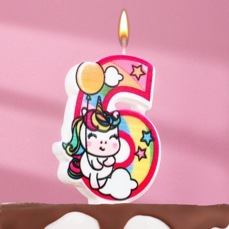 Candle in the cake "Unicorn with a ball", number 6, pink, 6.5 cm