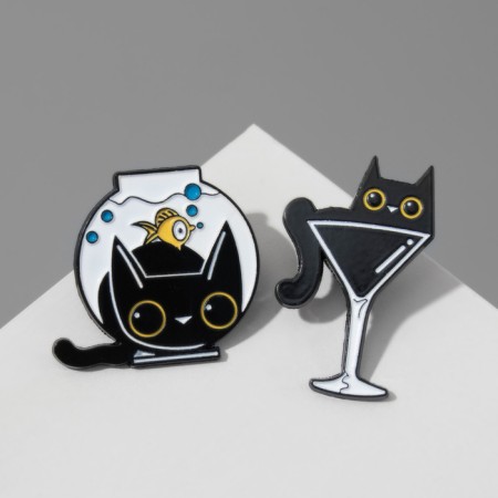 Set of badges (2pcs) "cats" mysterious, black and white color in ferrous metal-2