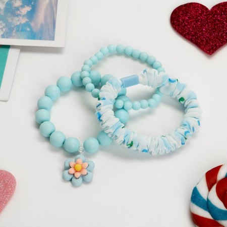 The kit of children's “chosen” 3 objects: elastic band, 2 bracelets, flower, blue matte color-2