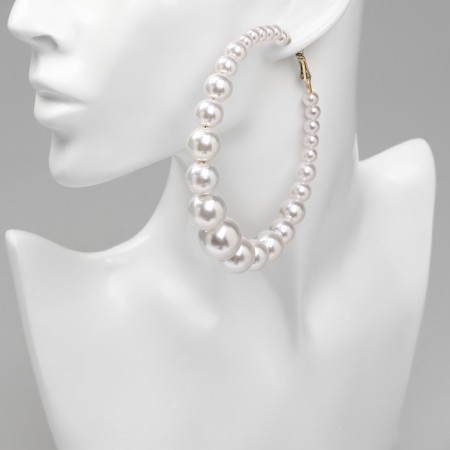 Ring earrings “Tenderness of pearls” are large, white color in gold, D = 8 cm-1