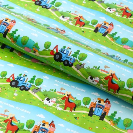 Glossy packaging paper, "in the fields", blue tractor, 70x100 cm-2