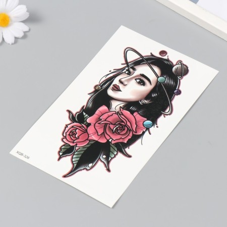 Black tattoo on the body, color "girl, space and roses" 12x18.8 cm-1