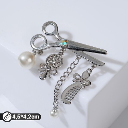 Brooch "Scissors with pendants", white color in silver