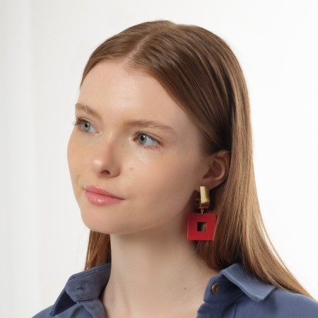 Earrings Assorted Azelia Square, red color in gold-1