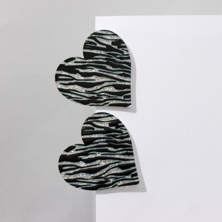 Acryl Earrings "Heart" Zebra, Black and White Color-1