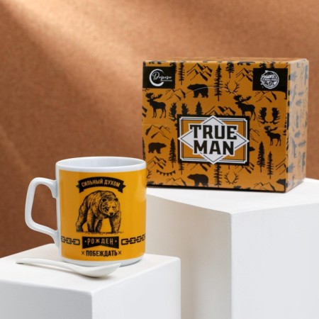 Ceramic mug with a spoon "Born to win", 350 ml, color orange color-4