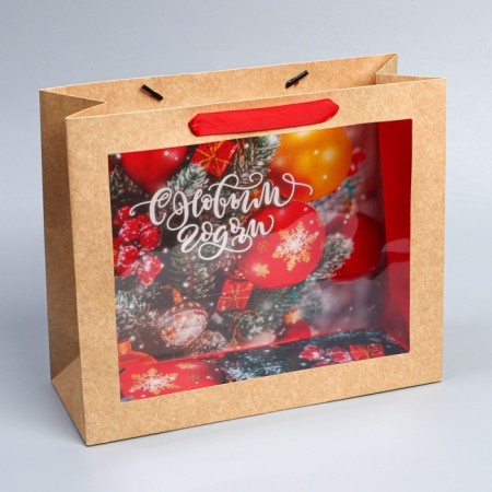 New Year's Craft gift package with a plastic window "Happiness", 31 x 26 x 11 cm, New Year-2
