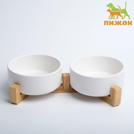 Double ceramic bowls on a stand of 2 x 450 ml 28.5 x 15.5 x 7 cm, white-1
