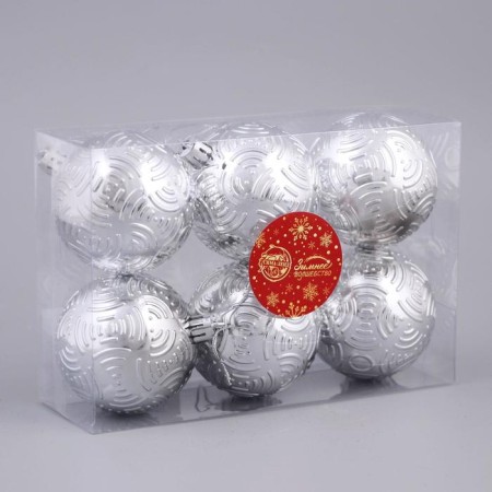Set of balls plastic D-6 cm, 6 pcs "Volumetric bows" silver-1
