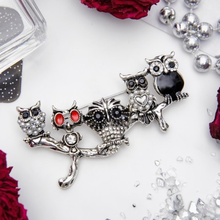 Brooch "Owl Branch", colored in black silver-1