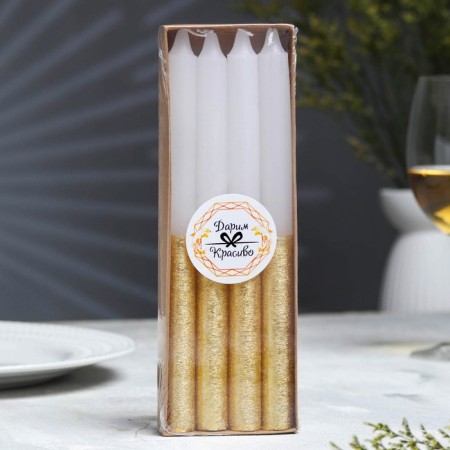 Classic candles set, 1.9x 20 cm, 4 pcs, white-gold metallic-1