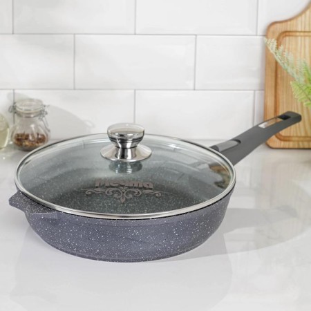 Granite pan, d = 28 cm, removable handle, anti -stick coating, removable handle, glass cover, color gray color