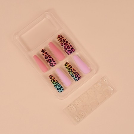 Follow nails "Bright leopard", 12 pcs, with adhesive plates, ballerina form, multi -colored-1