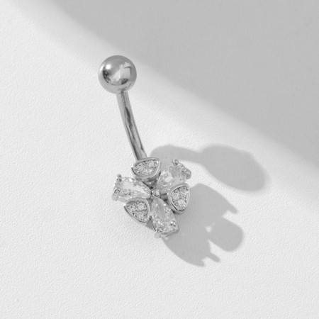 Piercing in the navel "Trilist", the bar l = 1 cm, the color is white in silver