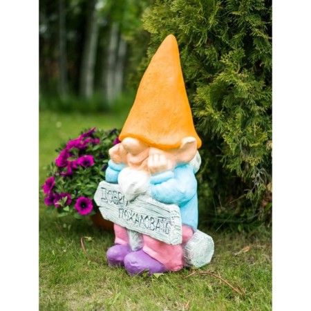Garden figure "Gnome with a sign Welcome" orange, 34x31x65cm-1