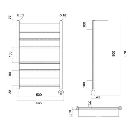 Domoterm electric heated towel rail "Quadro" P8, 500x800 mm, right, chrome-2