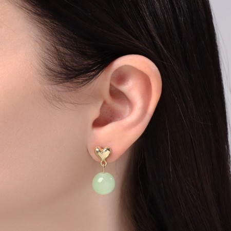 Earrings Assorted "Hearts" with beads, green color in gold-4