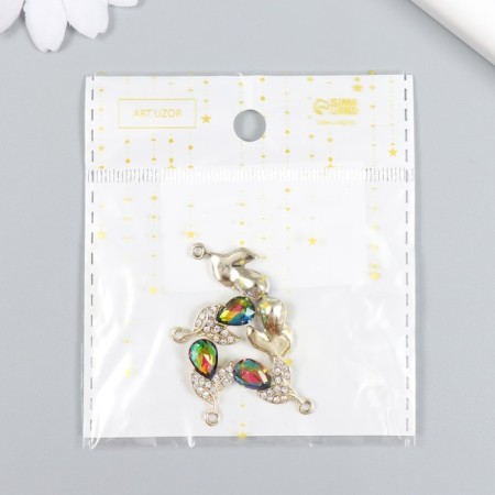 Decor for creativity metal, rhinestones "Two leaves with crystal" gold, green 1.1x2.1 cm-3