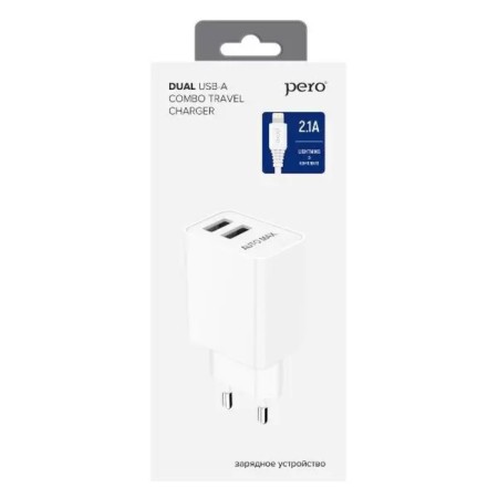 Network charger PERO TC02, 2 USB, 2.1 A, Lightning cable, white-2