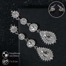 Hanging earrings with “evening” rhinestones, white color in silver, 7 cm